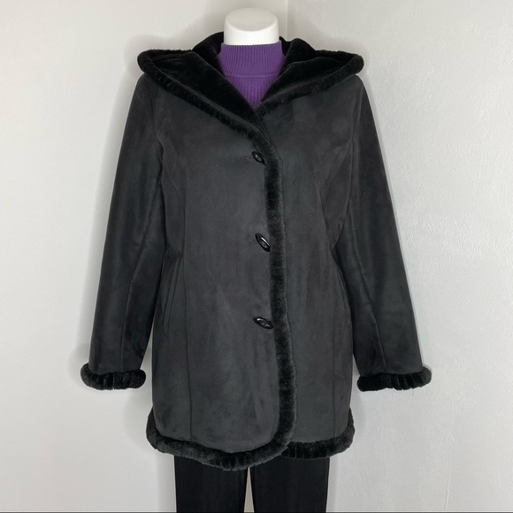 Jones New York Jackets & Blazers - Jones New York Black Hooded Faux Suede Coat with Faux Fur Lining